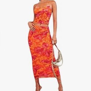 SHEIN orange and pink floral two piece skirt set